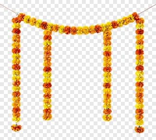 An M-shaped diwali garland made of orange and yellow flowers.