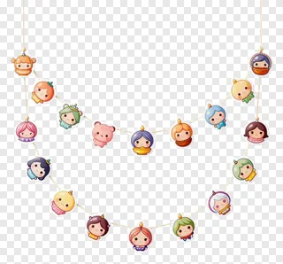 A colorful Diwali garland with kawaii-style cartoon characters.