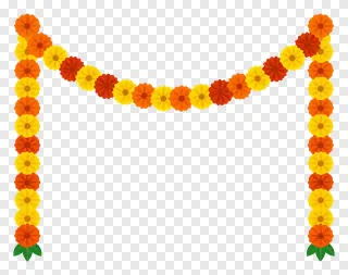 Diwali garland with orange, yellow flowers and green leaves.