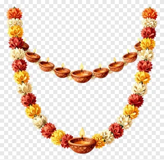 Diwali garland with red and yellow flowers and lit oil lamps.