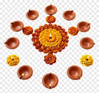 Diwali rangoli with terracotta diyas and marigold flowers.
