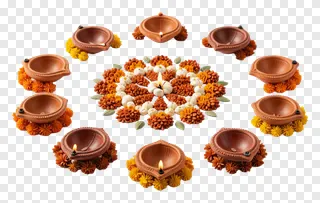 Diwali rangoli with nine lit clay oil lamps.