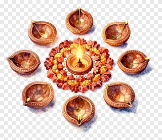 Diwali rangoli with oil lamps and flowers.