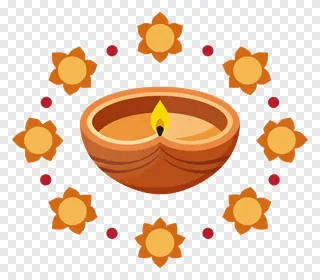 A central diya surrounded by nine smaller diyas in a rangoli design.