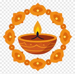 A decorated diya with a flame, surrounded by a circular rangoli design.