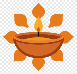 A cartoon-style diya with an orange flame and decorative petals.