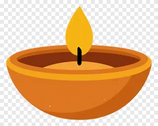 An orange terracotta diya with a simple flame.