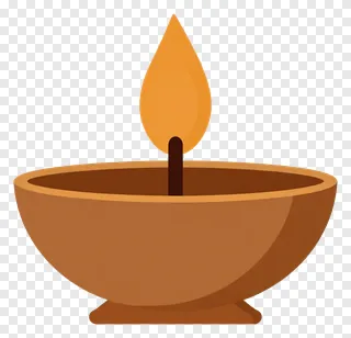 A flat-style diya lamp with an orange flame.