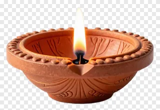 A lit terracotta diya lantern with decorative patterns.