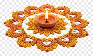 A lit terracotta diya surrounded by a decorative floral rangoli pattern.
