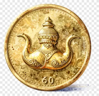 Golden coin with ornate lamp design for Dhanteras.