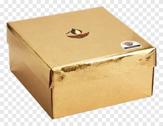 A golden gift box with a Diwali lamp sticker.