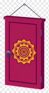 Maroon hanging door decoration with golden sun design for Diwali.