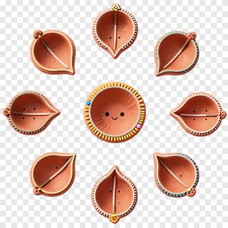 Nine decorated clay diyas arranged in a circle.