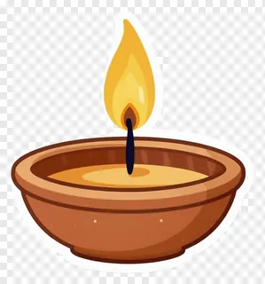 A cartoon terracotta diya with a single flame.