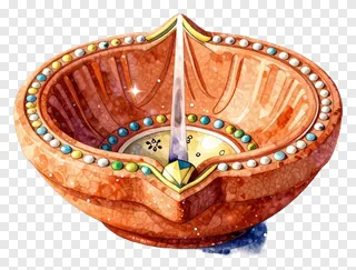 An orange clay diya with a gemstone spire and beaded rim.