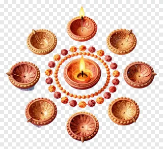 A circular arrangement of terracotta diyas with a beaded garland.
