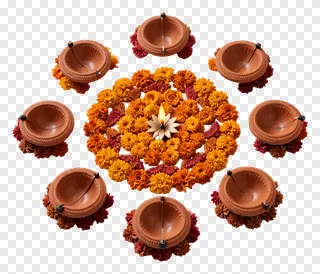 Circular terracotta diya rangoli with marigold flowers and a lit center diya.