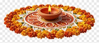 A lit terracotta diya surrounded by marigold flowers in a circular rangoli design.