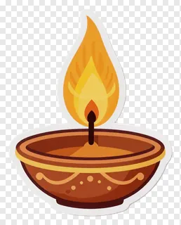 A cartoon-style terracotta diya with a simple orange flame.