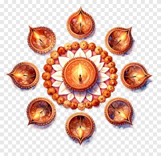 A watercolor-style circular rangoli made of lit oil lamps.
