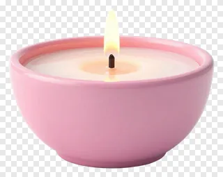A lit pink ceramic bowl candle.
