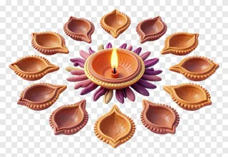Circular arrangement of terracotta diyas with one lit in the center.