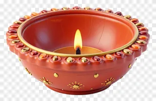 A red ceramic diwali lantern with a lit candle inside.