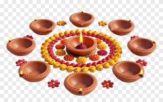 A circular arrangement of lit terracotta diyas and a floral rangoli design.