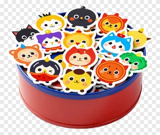 A red tin containing cartoon cat stickers.