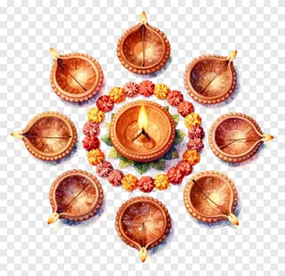 Circular watercolor rangoli with lit and unlit diyas and flowers.