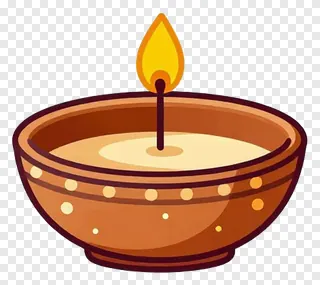 A cartoon-style terracotta oil lamp with a lit wick.