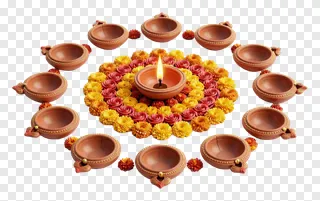 Terracotta diwali rangoli with lit oil lamp and flower pattern.