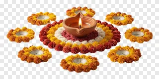 A lit clay diya surrounded by marigold rangoli and flowered tealight holders.