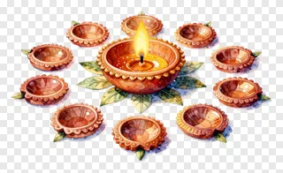 Circular arrangement of terracotta diyas with one lit in the center.