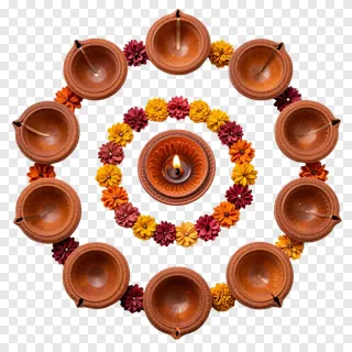 Circular arrangement of terracotta diyas with a floral garland and one lit center diya.