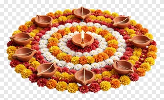 Circular flower rangoli with a lit diya at the center and eight surrounding diyas.