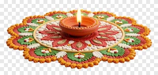 A lit terracotta diya on a colorful rangoli design.