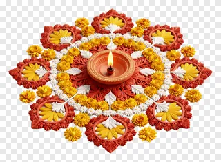 A lit terracotta diya surrounded by a colorful floral rangoli design.