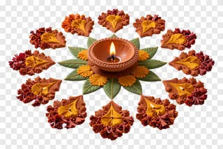 A terracotta diya with a flame, surrounded by clay decorations and green leaves.
