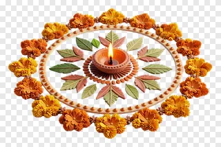 A lit terracotta diya surrounded by a leaf and flower rangoli design.