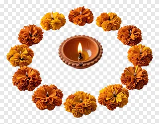 A lit terracotta diya surrounded by marigold flowers in a circular rangoli pattern.