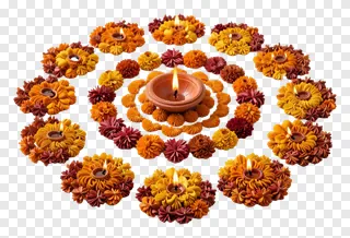 A terracotta diya with multiple lit flames surrounded by a floral rangoli pattern.