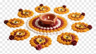 A central lit terracotta diya surrounded by nine smaller diyas on a rangoli.