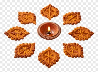 A lit clay diya surrounded by nine decorative rangoli pieces.