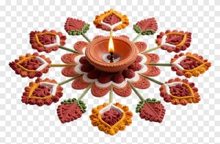 A lit clay diya surrounded by decorative petal rangoli pieces.