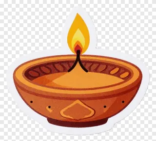 A cartoon terracotta diya with a flame.
