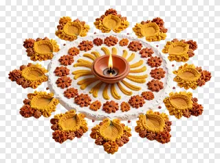 A lit terracotta diya surrounded by a circular clay rangoli design.