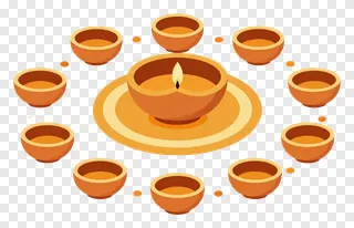 A central lit diya surrounded by seven unlit diyas in a circular pattern.