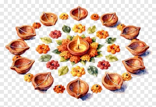 Circular terracotta diya arrangement with flowers and leaves.